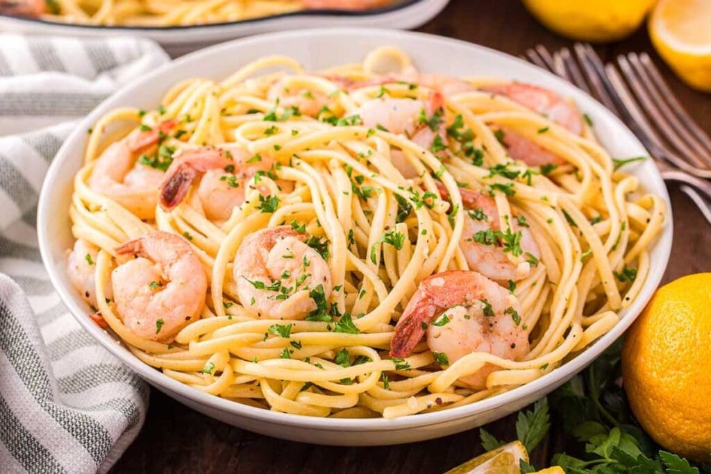 A bowl of shrimp linguine.