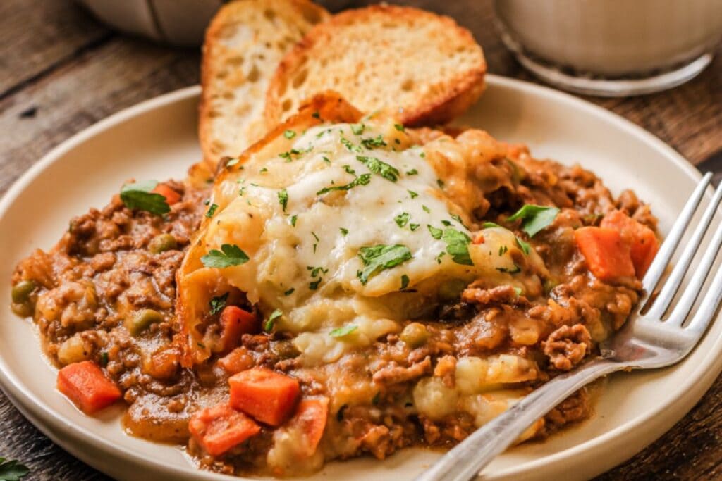 Cottage pie on a plate.