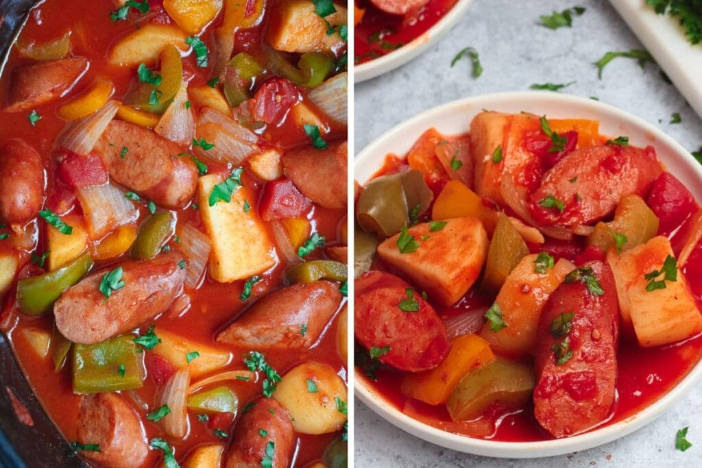 A split image shows a slow cooker sausage and potato dish. The left side shows the dish in the slow cooker, and the right side shows a serving on a plate. The dish is a tomato-based stew with sausage, potatoes, and bell peppers. Fresh parsley is sprinkled on top.