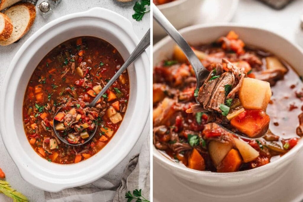 A split image shows slow cooker vegetable beef soup. The left side shows the soup in a slow cooker, and the right side shows a spoonful of the soup being lifted from a bowl. The soup is a dark red color and contains beef, potatoes, carrots, and other vegetables.
