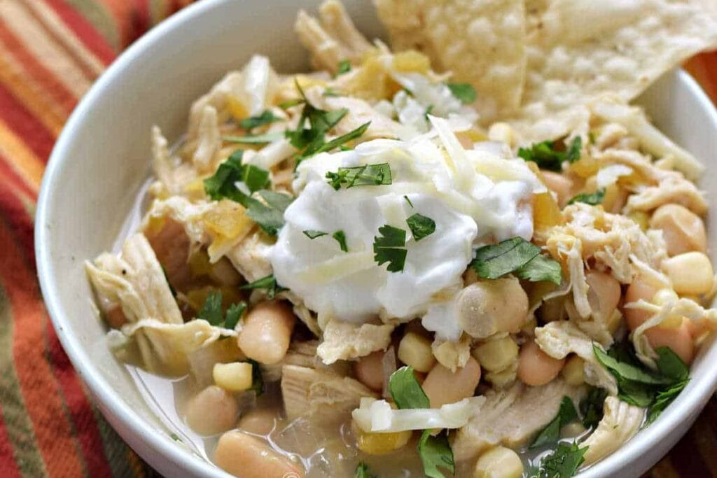Chicken chili in a bowl.