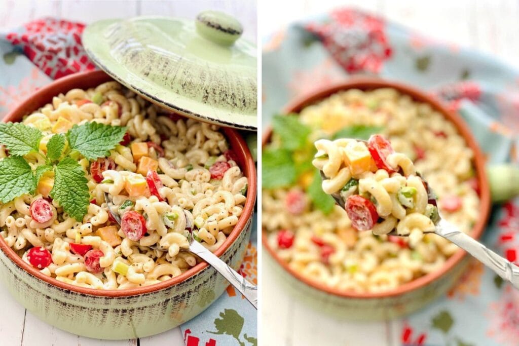 Two images of macaroni salad in a light green bowl. The salad contains macaroni, vegetables, and a creamy dressing. A spoon is shown scooping up some of the salad.