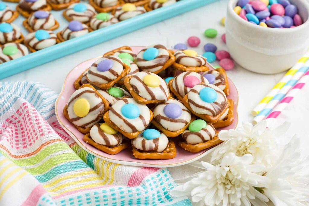 Pretzel bites on a plate.