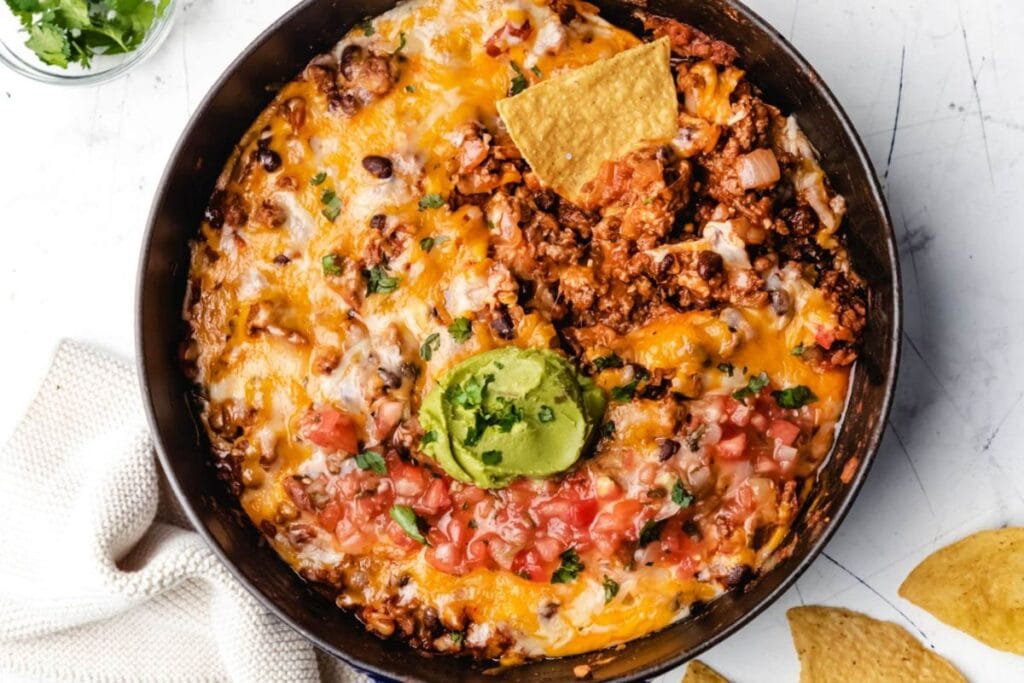 Taco casserole in a pan.