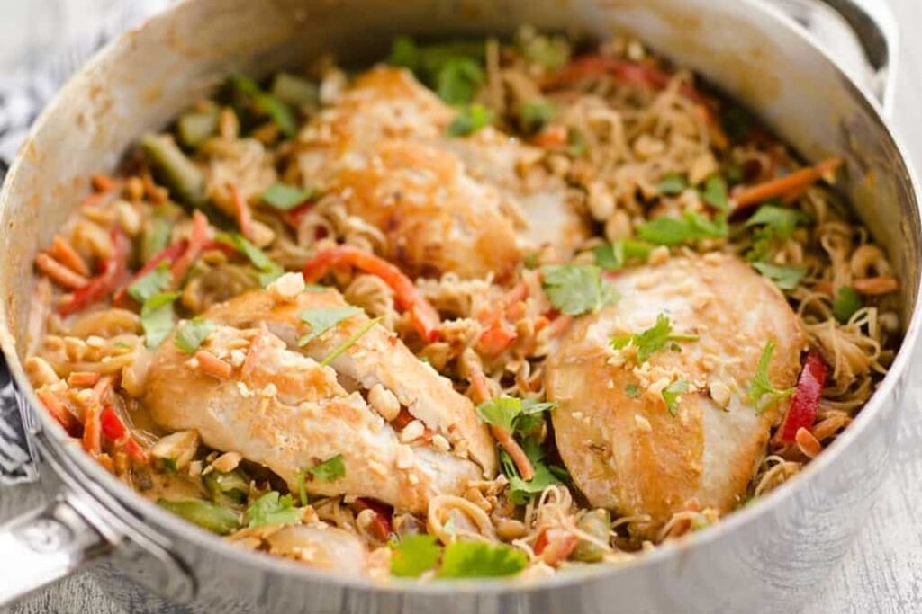 Peanut chicken noodle in a pot.