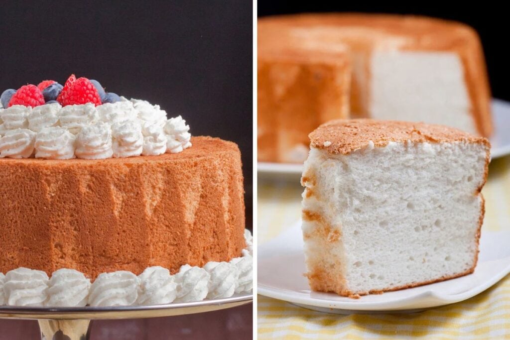 Angel food cake with whipped cream and fruit and slice of angel food cake on a white plate next to it.