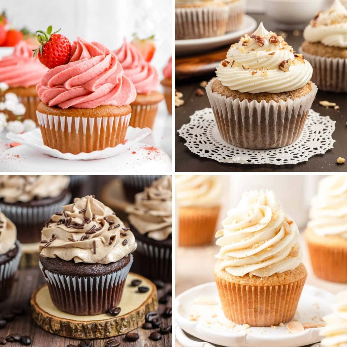 A four-part image shows a variety of cupcakes: strawberry cupcakes with pink frosting, hummingbird cupcakes, mocha cupcakes with chocolate frosting and sprinkles, and almond cupcakes with cream cheese frosting.