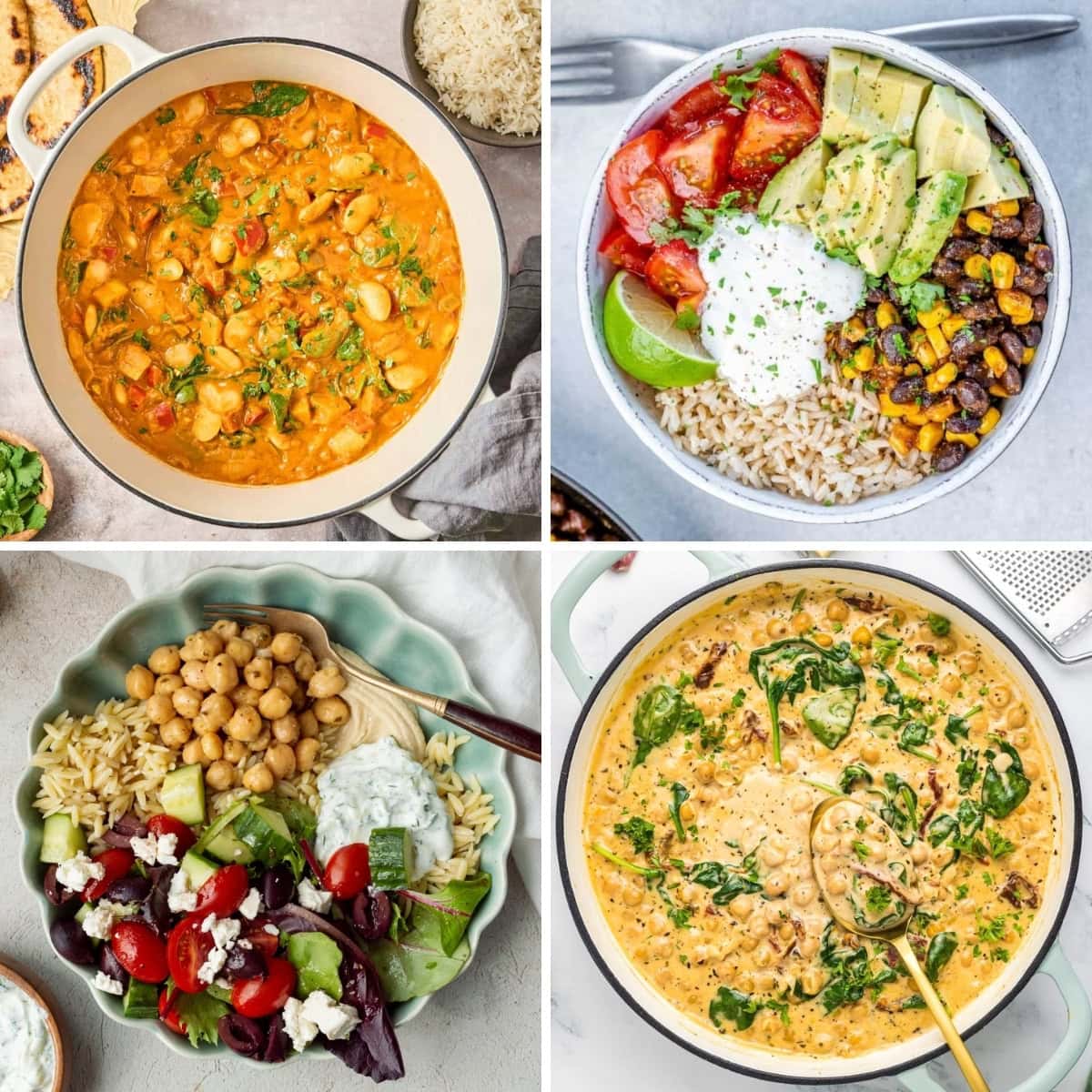 A collage of four different easy vegetarian dinners: butter bean curry, a burrito bowl, a Mediterranean bowl with chickpeas, and creamy Tuscan chickpeas.