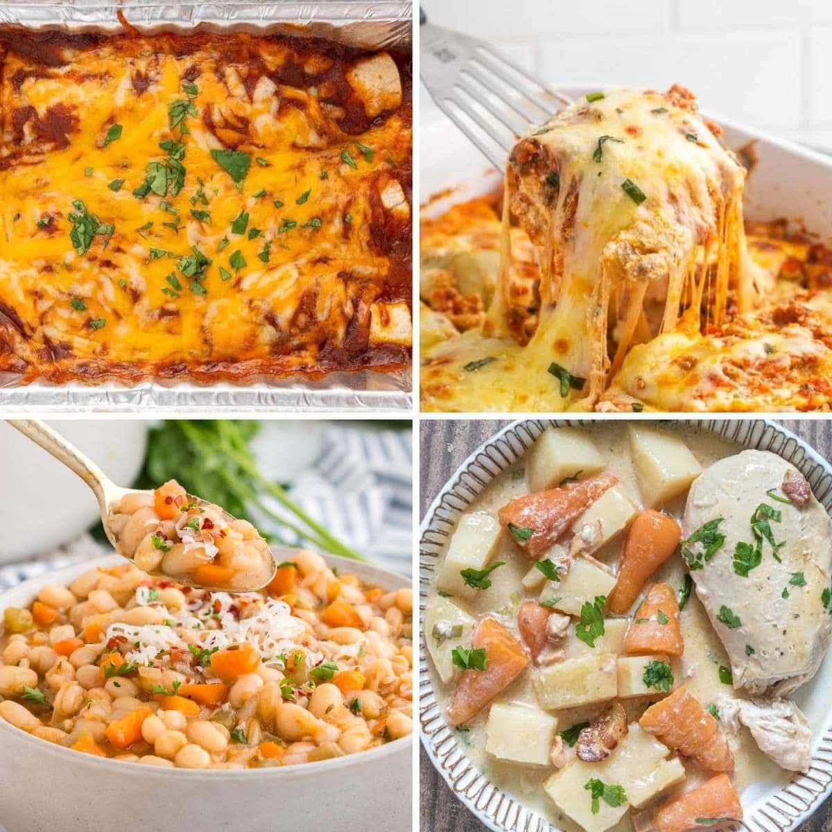 A collage of four freezer meal options: enchiladas, a cheesy casserole, white bean soup, and a creamy chicken and vegetable stew.