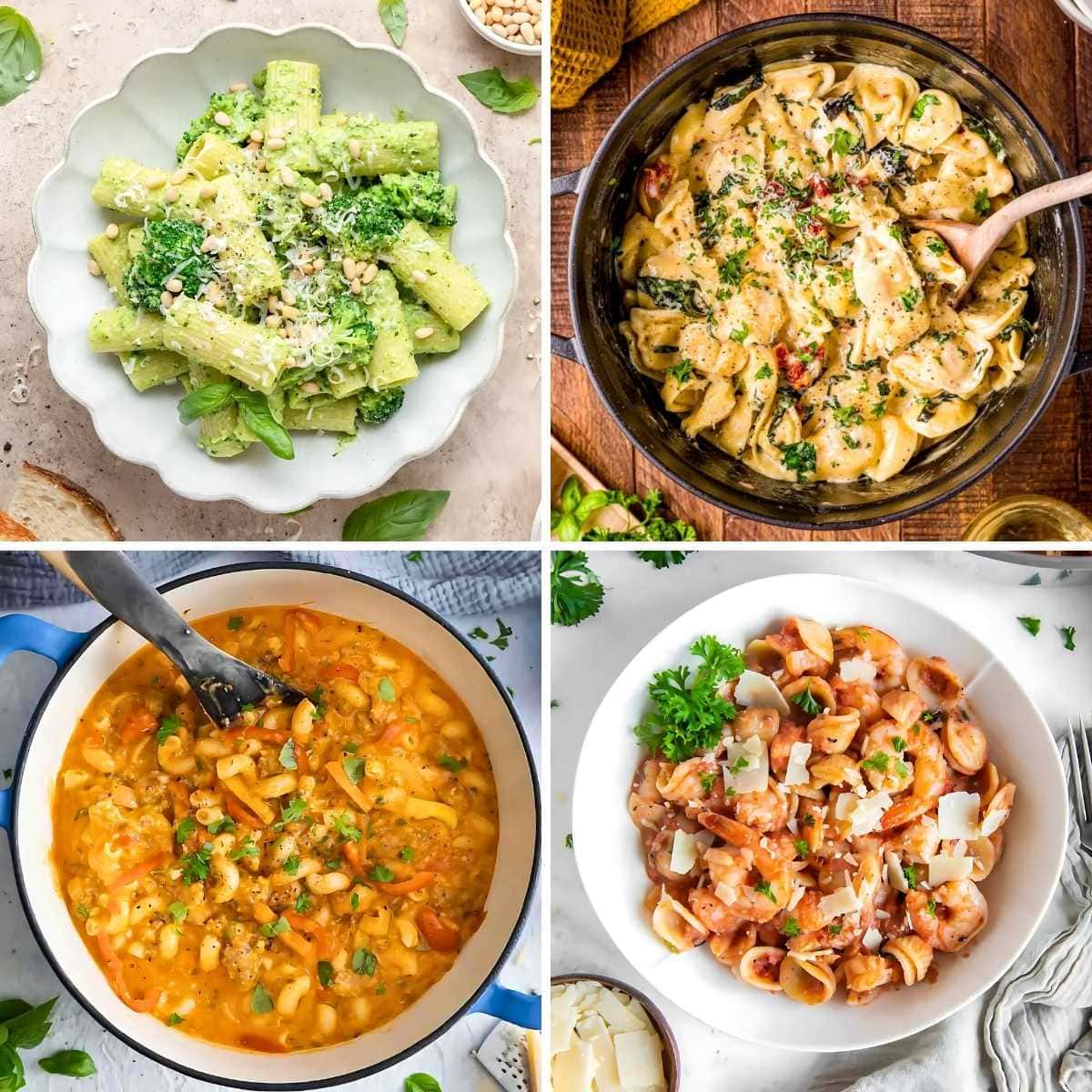 A collage of four different pasta dishes: broccoli pesto pasta, tortellini in a creamy sauce, pasta soup, and shrimp pasta.