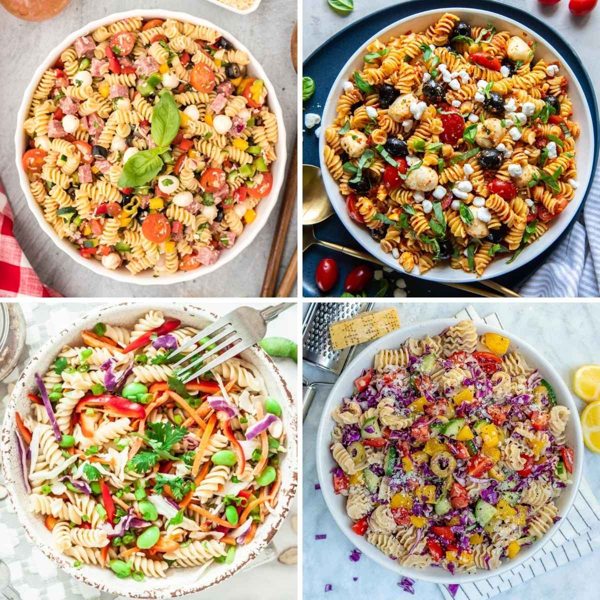 A collage of four different pasta salads.
