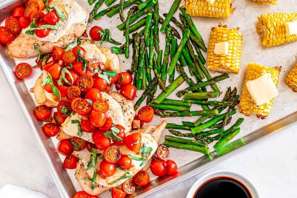 Sheet pan caprese chicken.