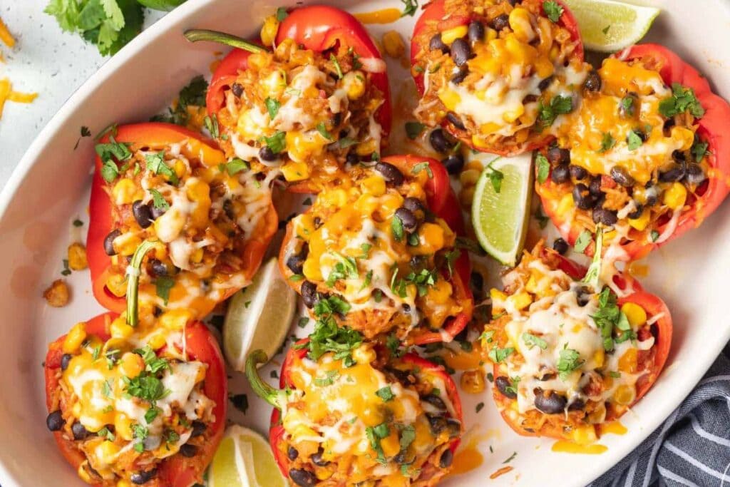 Stuffed red peppers with beans and corn and lime wedges on a white plate.