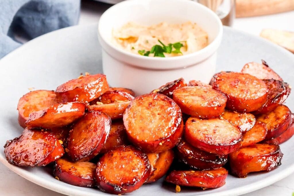 Kielbasa on a plate.