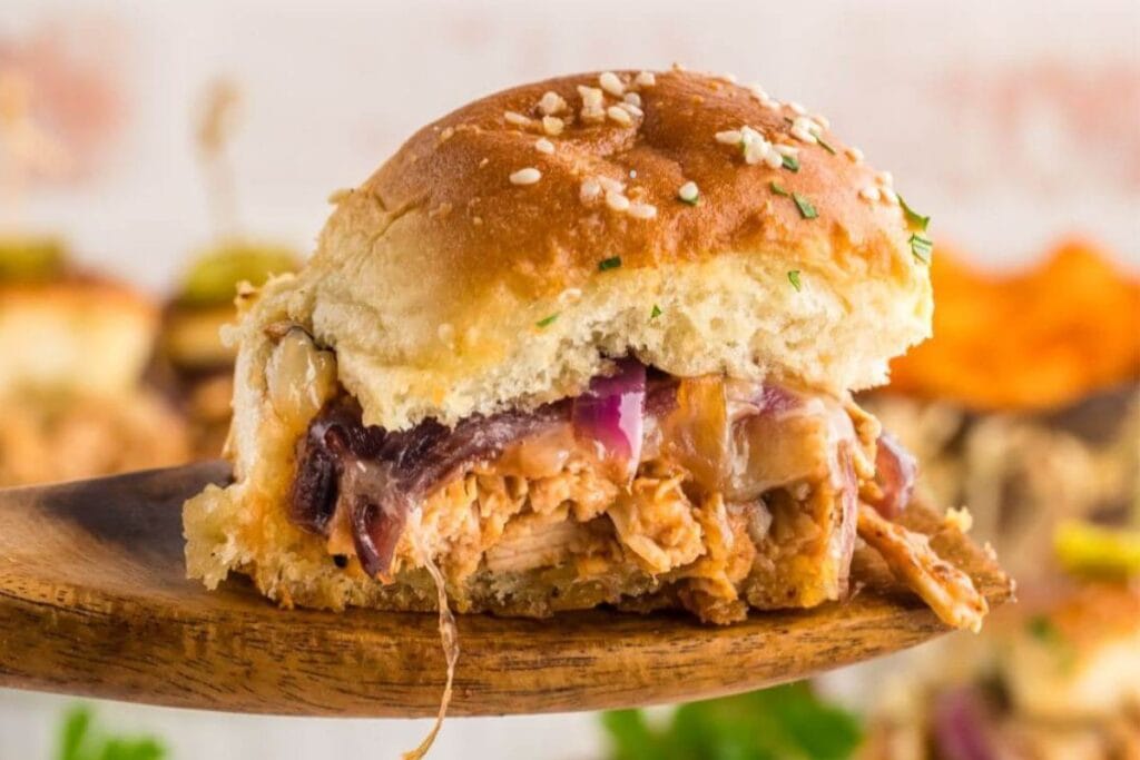 BBQ chicken sliders close up shot.