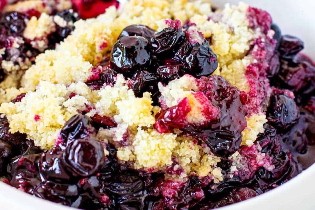 Blueberry crumble close up shot.