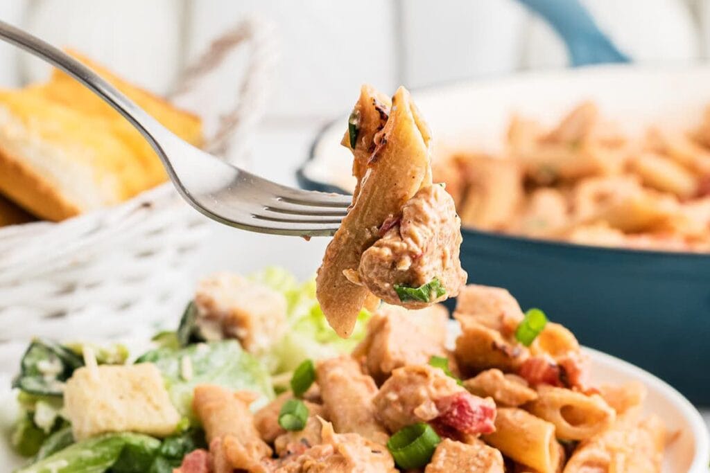 Chicken pasta close up shot.