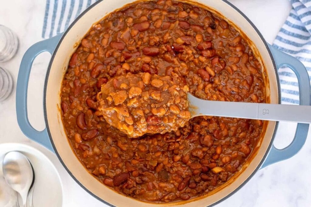 Calico beans in a pot.