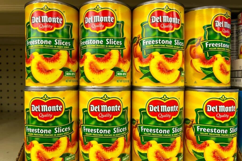 Canned fruits close up shot.