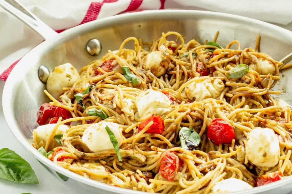 Close up shot of caprese pasta.