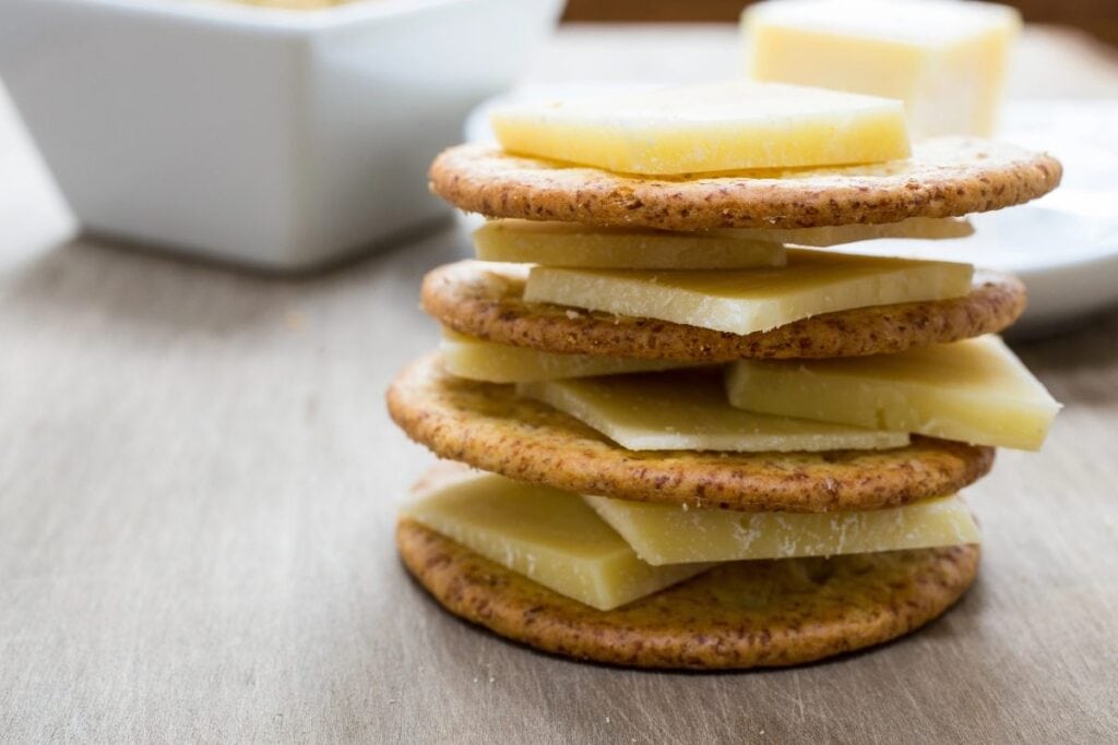 Stacks of cheese and crackers.