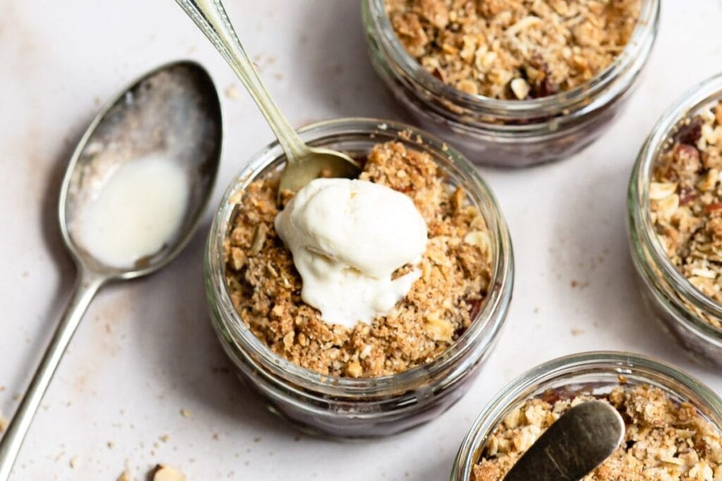 Cherry crisp in jars.