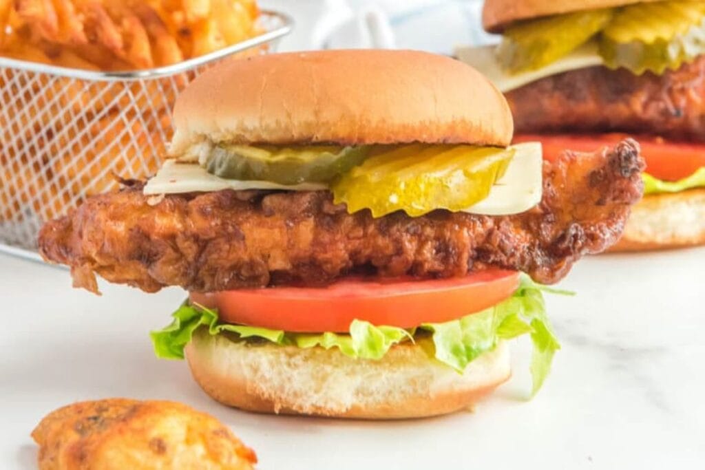 Closeup shot of chicken sandwich.