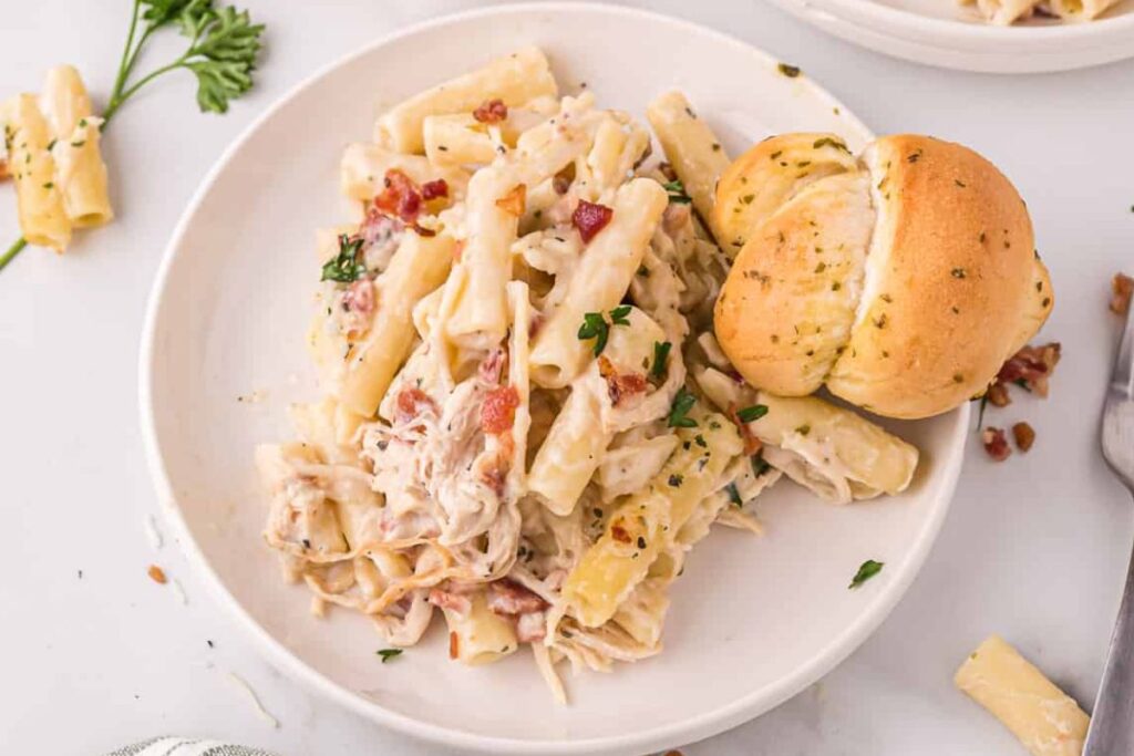 Chicken alfredo casserole on a plate.