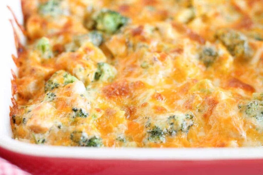 Chicken broccoli bake in a dish.