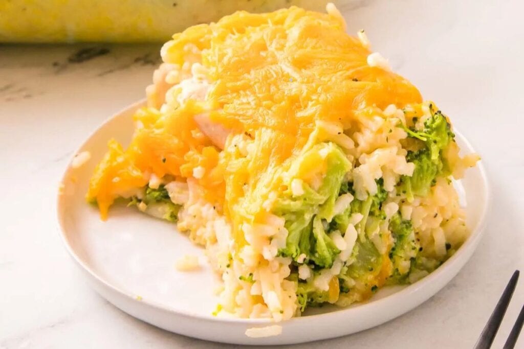 Chicken broccoli casserole on a plate.