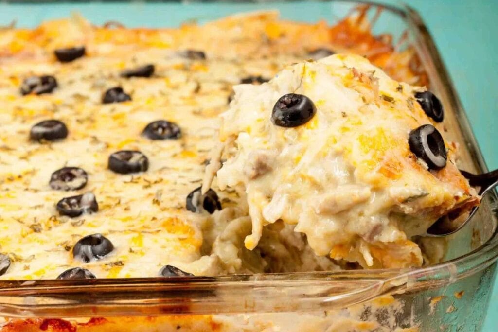 A spoonful of casserole.