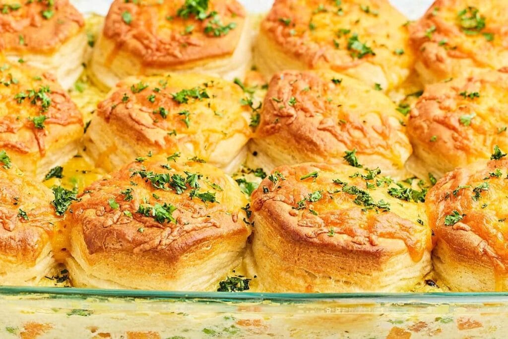 Chicken pot pie casserole close up shot.