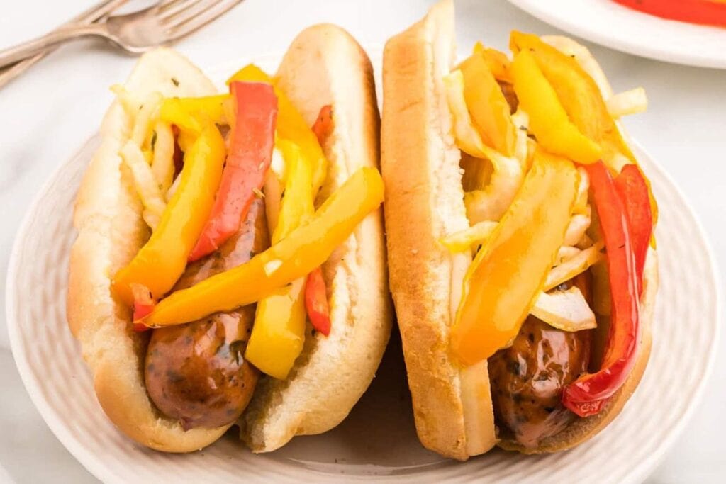 Chicken sausage peppers on a plate.