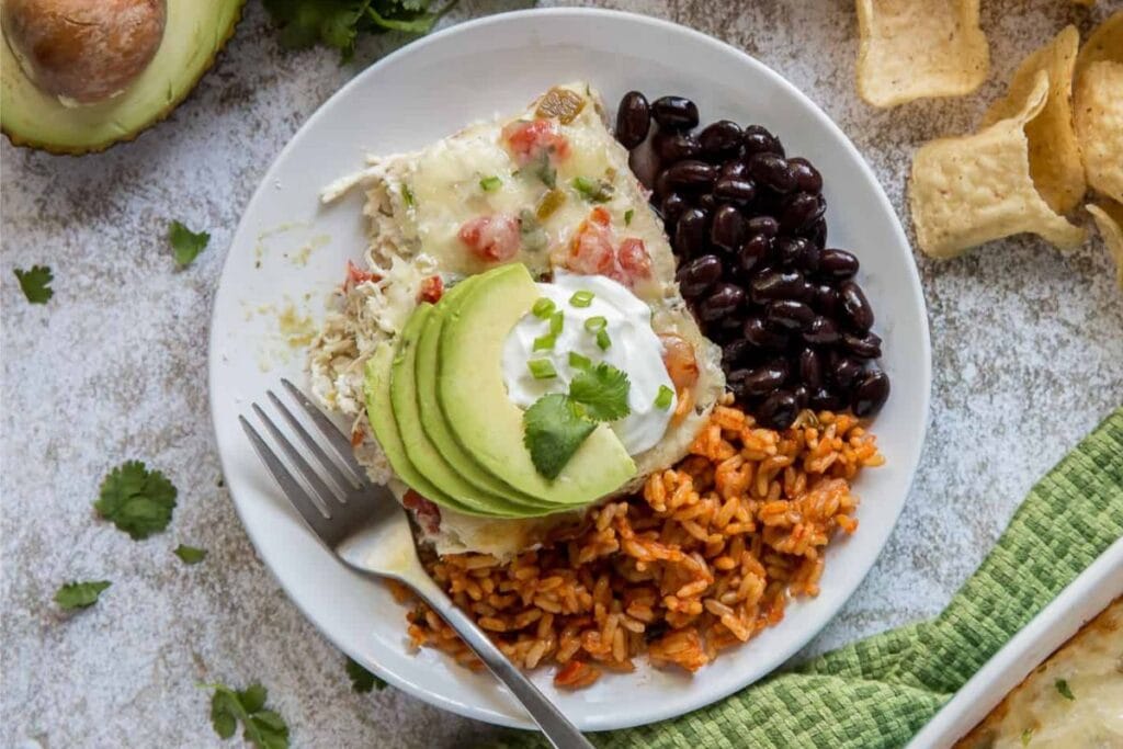 Chicken tortilla with sliced avocado.
