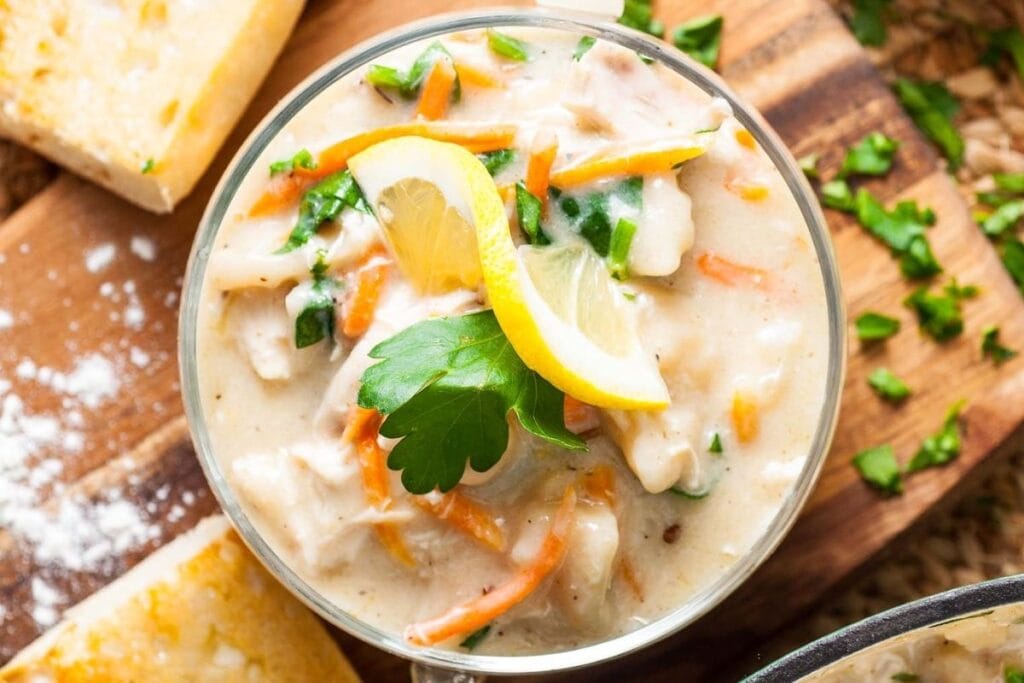 Chicken and dumplings in a bowl.