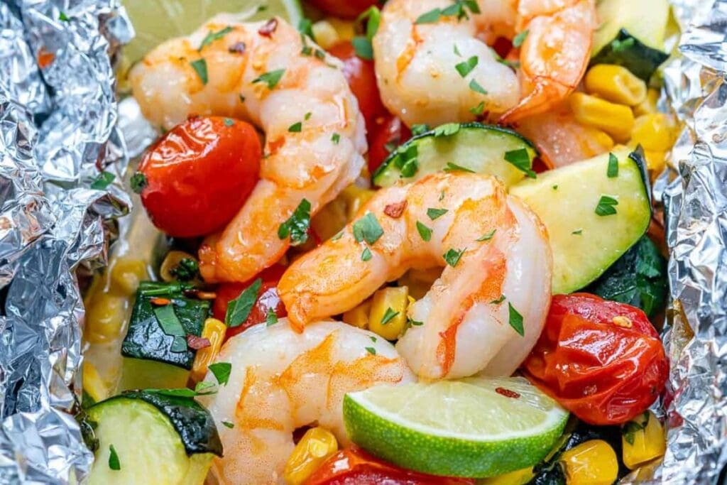 Shrimp with garlic and vegetables.