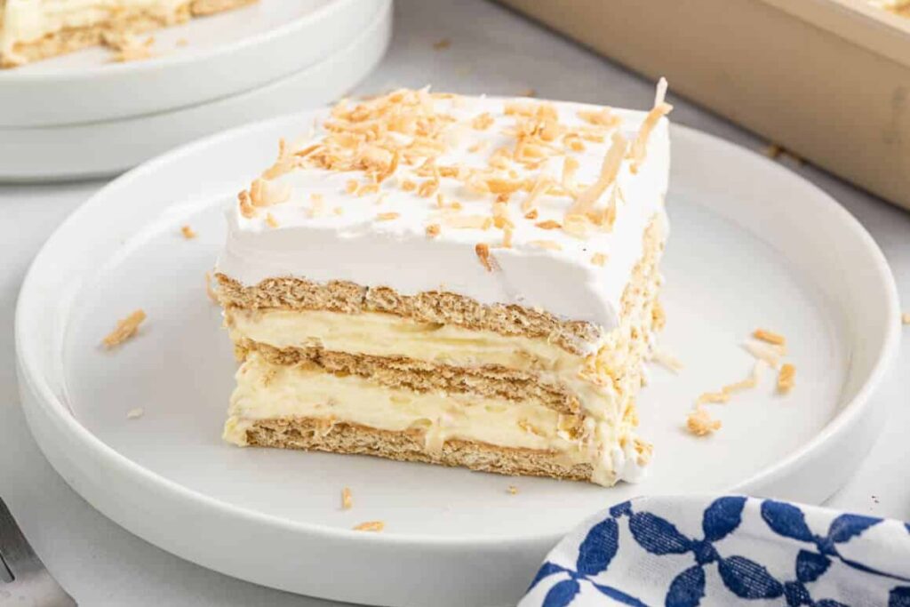 A slice of coconut cake.