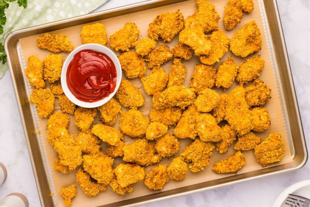 Chicken nuggets in a pan.