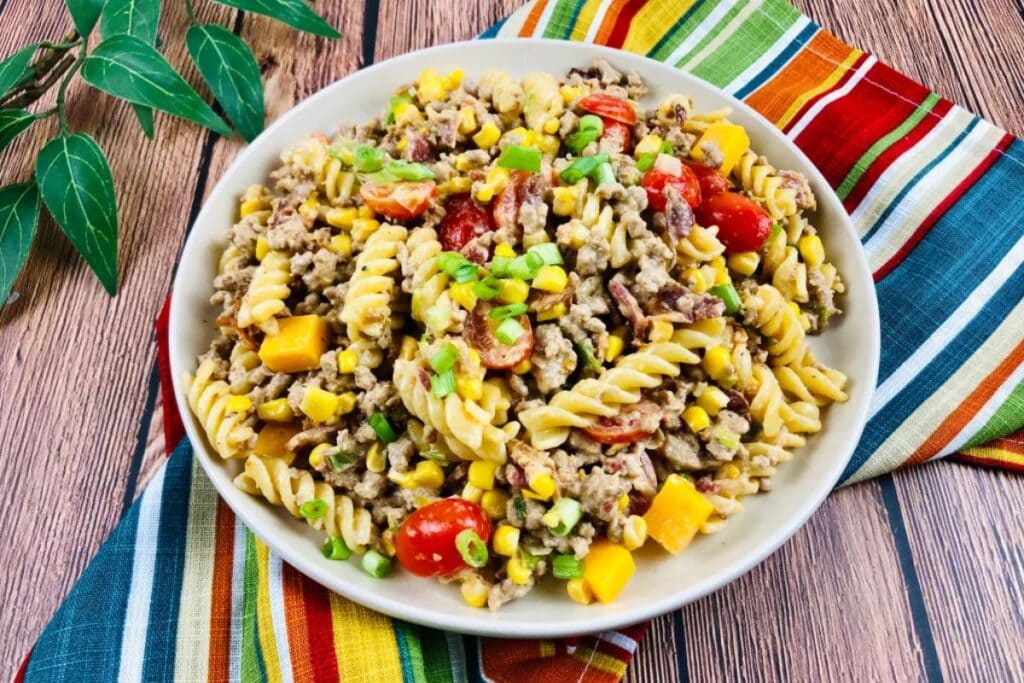 Cowboy pasta salad in a bowl.