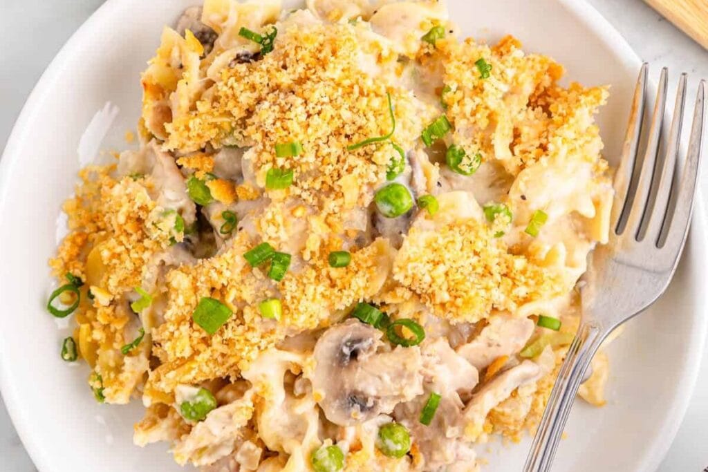 Tuna noodle casserole on a plate.