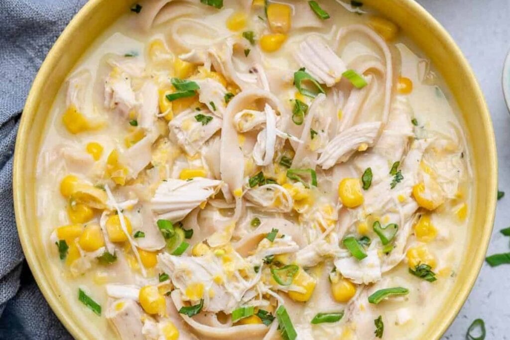 A bowl of chicken noodle soup.