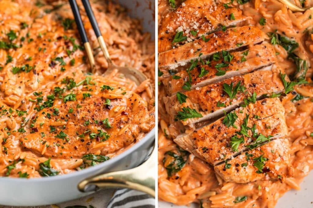 Creamy orzo with chicken collage.