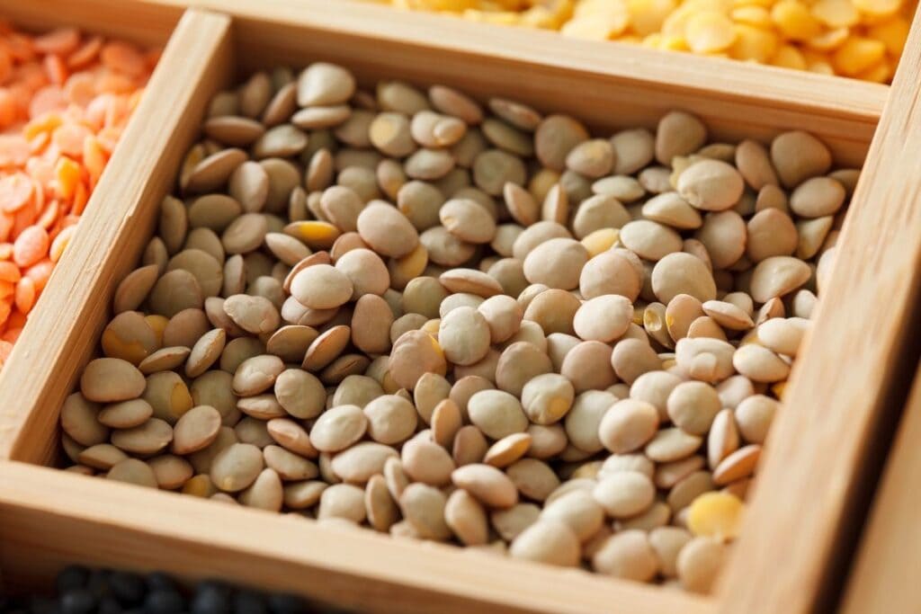 Dried lentils in a box.