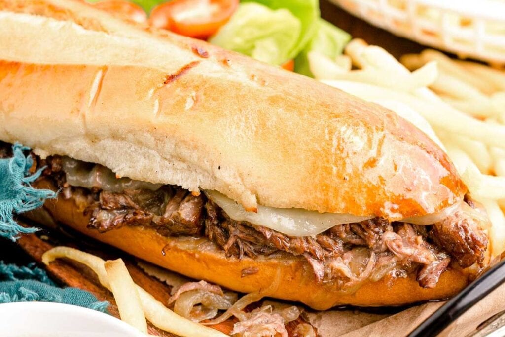 French dip sandwich close up shot.