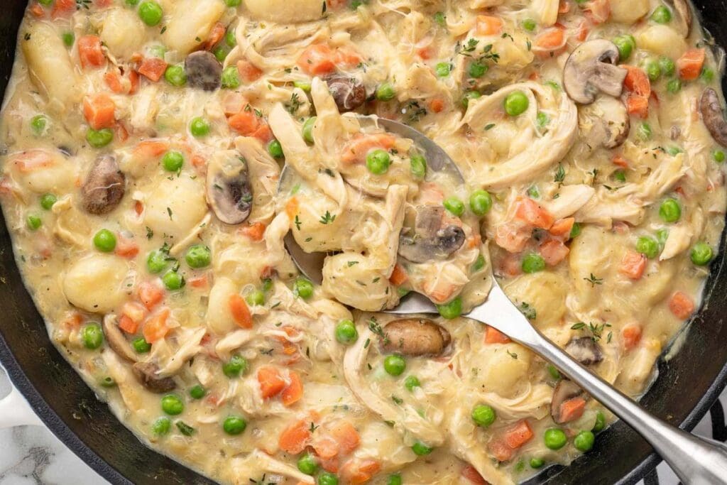 Close up shot of gnocchi chicken pot pie.