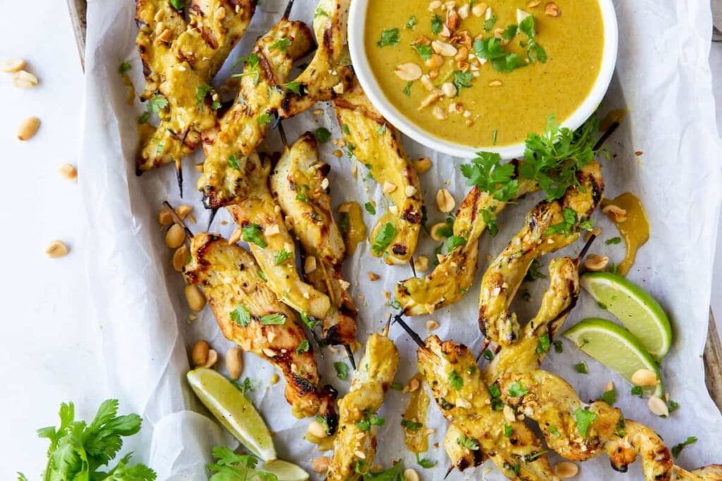 Chicken satay with dip.