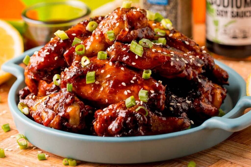 Korean chicken wings close up shot.