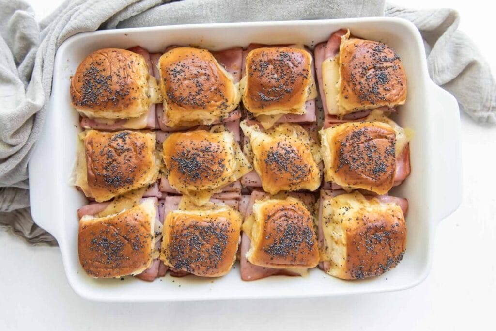 Ham and cheese in a white dish.