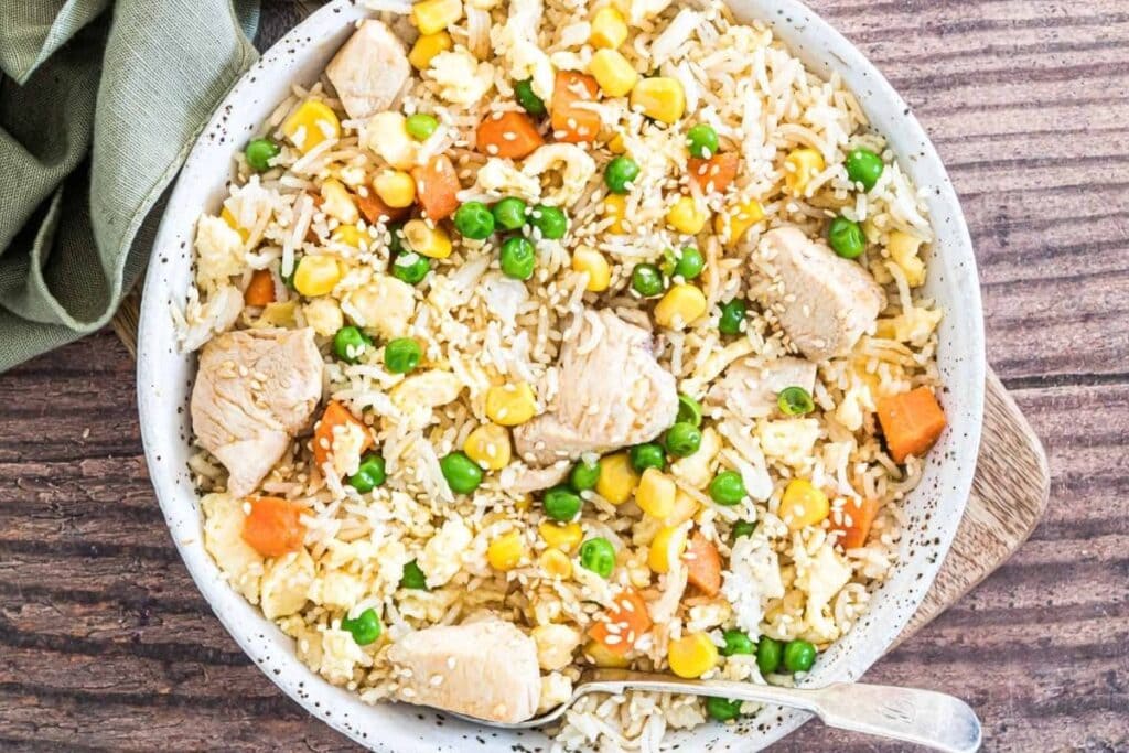 A bowl of chicken fried rice.
