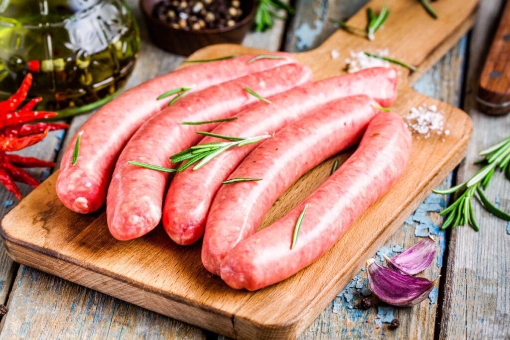Sausages on a wooden board.